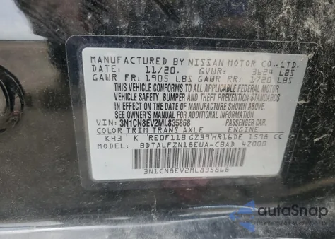 2021 Nissan Versa Sv из США, поврежденный, VIN 3N1CN8EV2ML835868